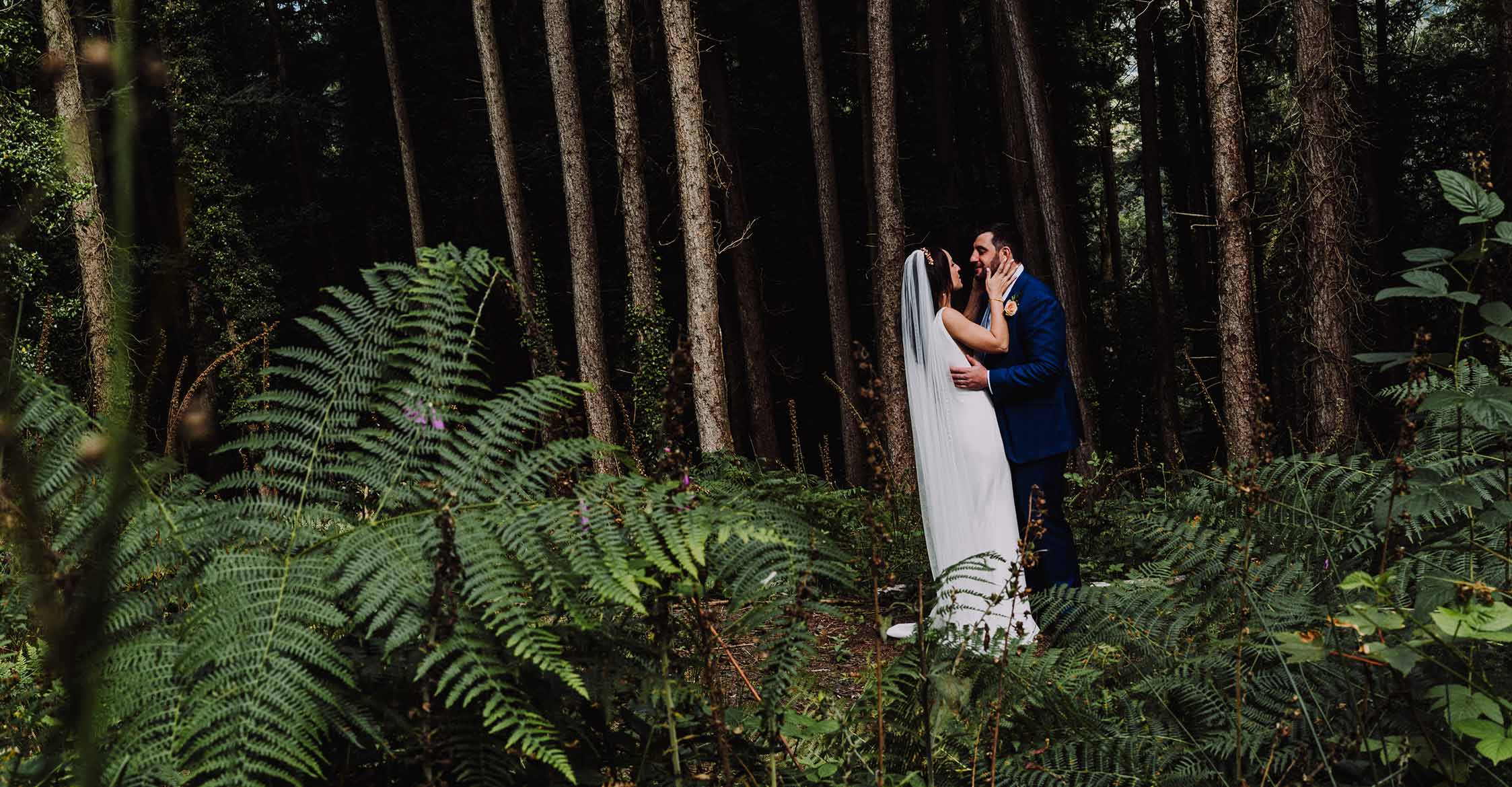Bride and groom in woodland at beaconside wedding venue