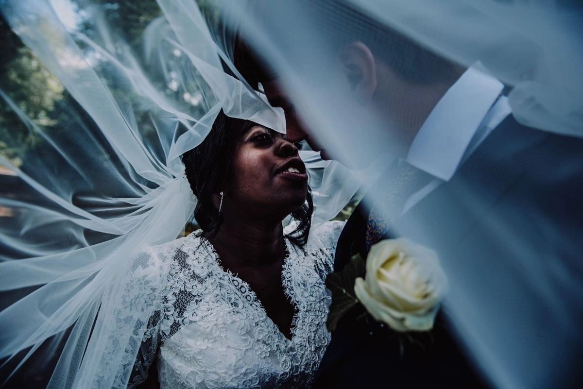 Bride and groom under veil, wedding photography in devon