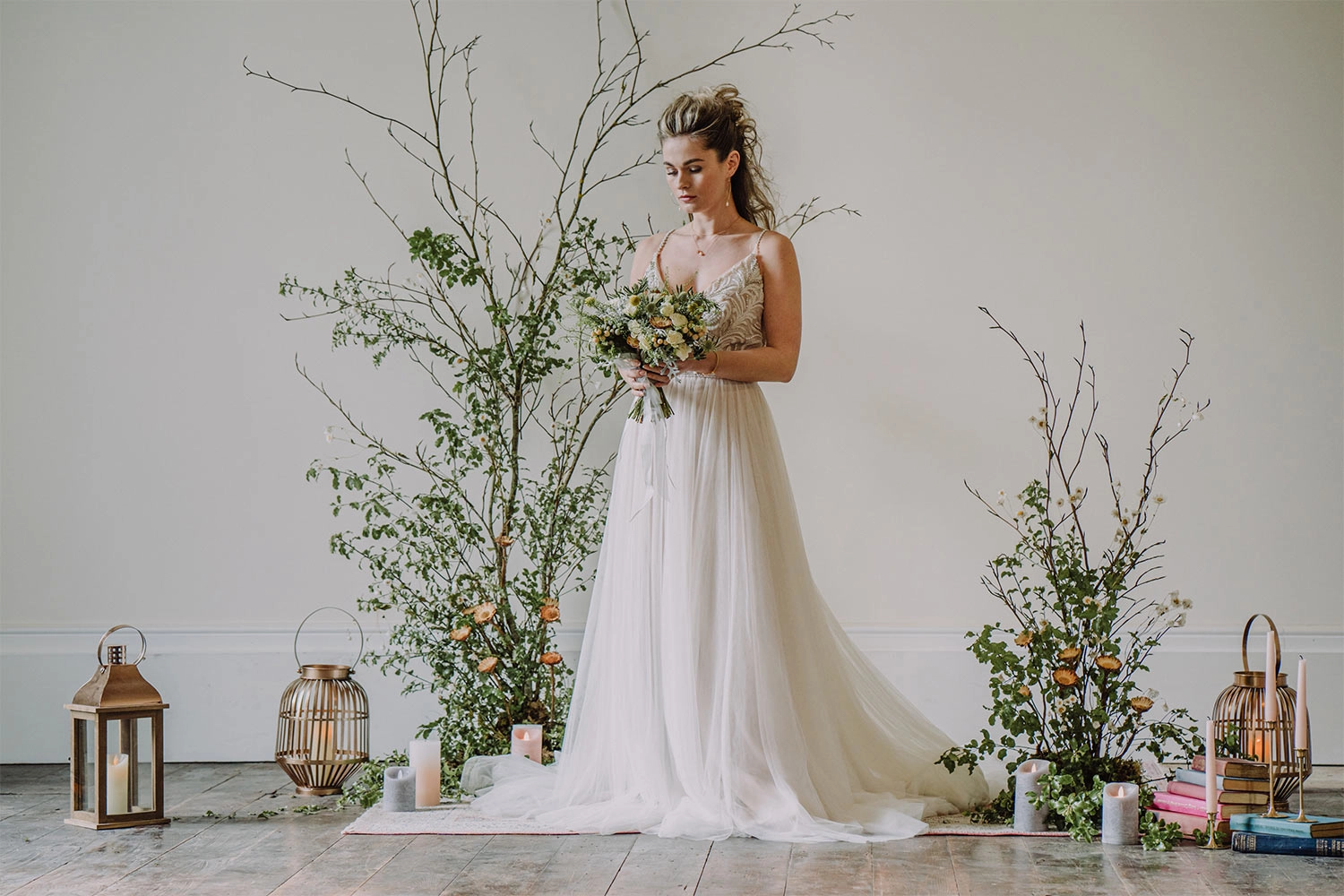 bride with flower arrangement
