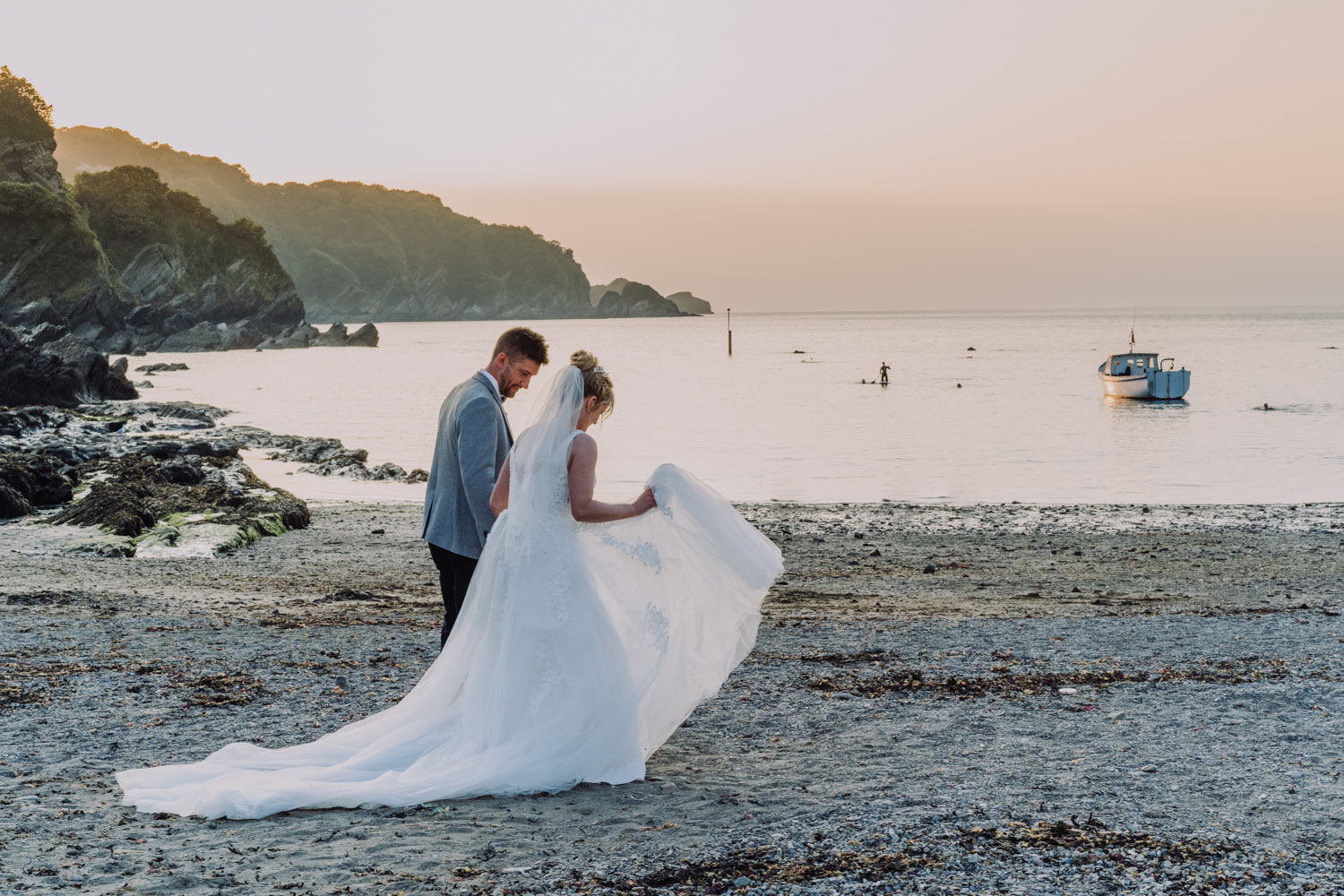 north devon coastal wedding bride and groom on the beach